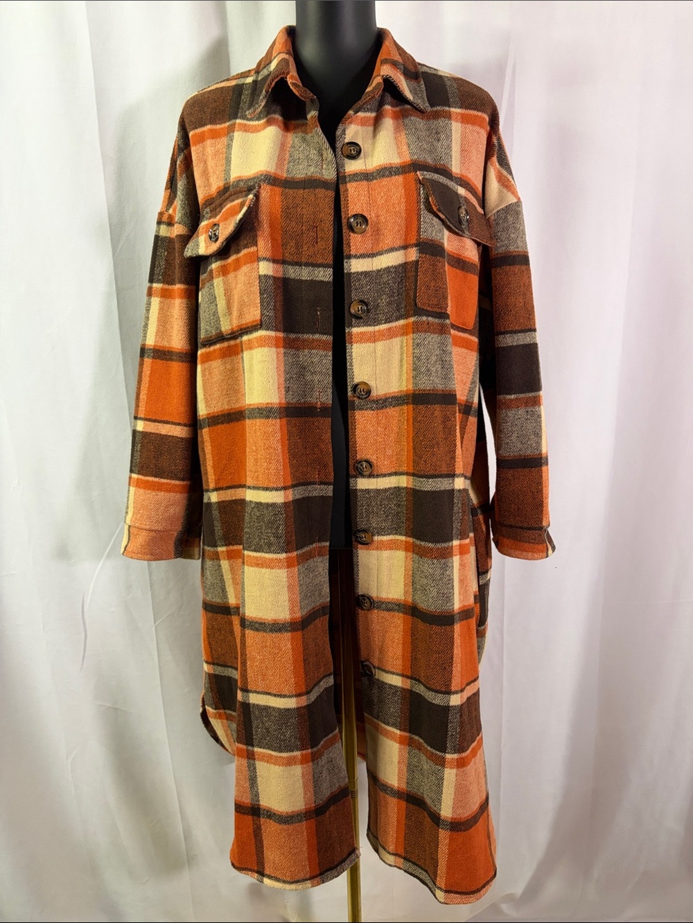 Orange & Brown Plaid Button Front Longline Flannel Shacket